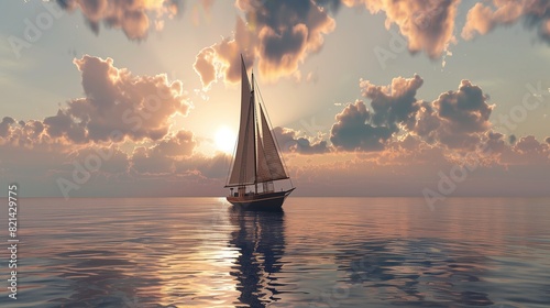 Fototapeta Naklejka Na Ścianę i Meble -  sailboat in ocean with sunset in background, boat in sea, beautiful scene