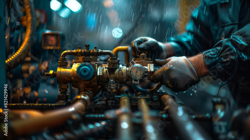 Technician repairing machinery outdoors in rainy conditions, emphasizing industrial maintenance and resilience in harsh weather.
