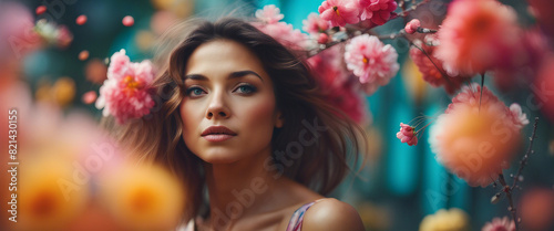 portrait of a beautiful woman in bloom, bright colors 