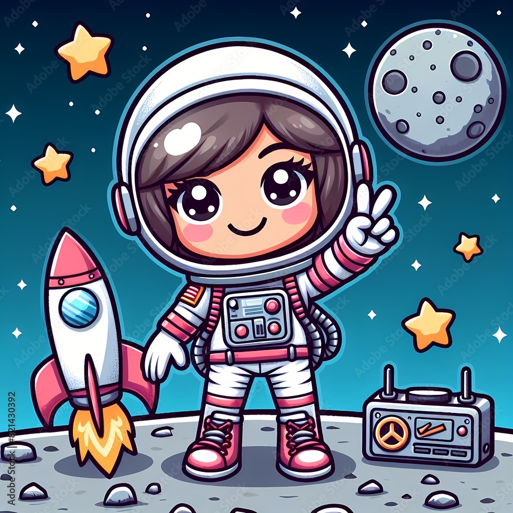 Naklejka premium cute astronaut peace on moon with rocket cartoon vector icon illustration
