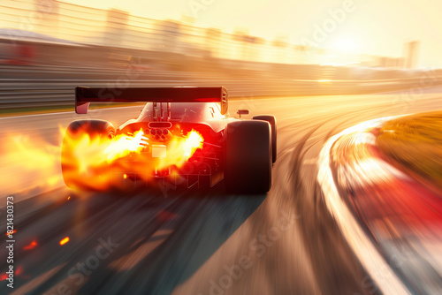 shot of a race car's rear view with vibrant exhaust flames and the blurred, sunlit racetrack curving in the background, capturing the thrill and speed of high-performance racing. C