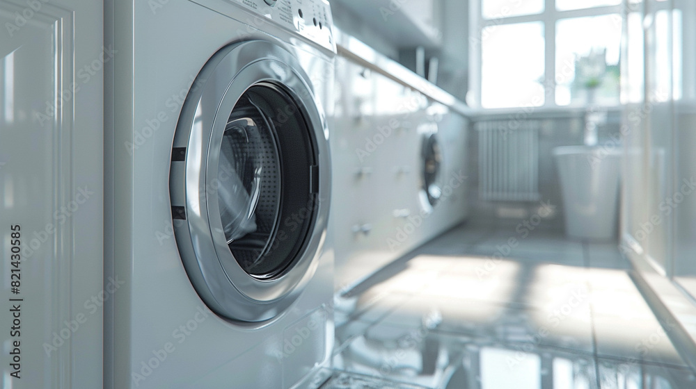 washing machine in a white laundry utility room, green house plants, bright and airey washing machine in a white laundry utility room, green house plants, bright and airey