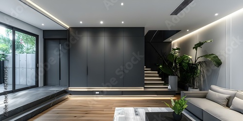 Hallway storage with integrated lighting and sleek handleless doors for modern appeal. Concept Hallway Design, Integrated Lighting, Sleek Doors, Modern Appeal, Storage Solutions photo