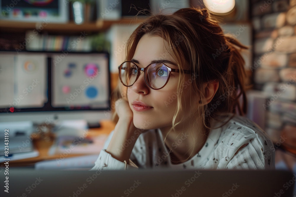 portrait of a woman in glasses working in office front of computer thinking about something portrait of a woman in glasses working in office front of computer thinking about something