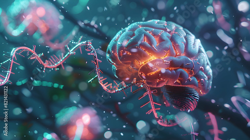Genetic brain disorders, conceptual 3D illustration. Mutations in the DNA leading to brain diseases. Neurodegenerative disorders