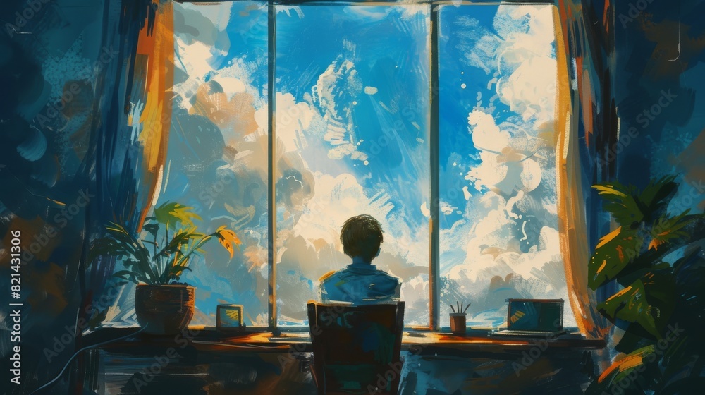 A man looking out a window at a beautiful sky