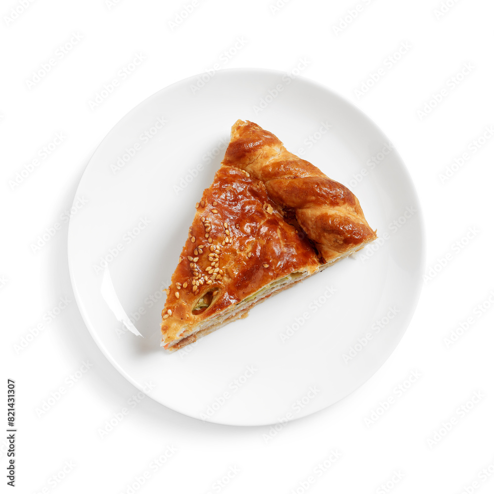 Piece of tasty homemade pie with filling isolated on white, top view Piece of tasty homemade pie with filling isolated on white, top view