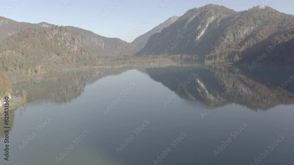 Aerial View of Almsee and Almtal in Autumn, Scenic Lake and Valley with Fall Foliage in Austria, D-Log Aerial View of Almsee and Almtal in Autumn, Scenic Lake and Valley with Fall Foliage in Austria, D-Log
