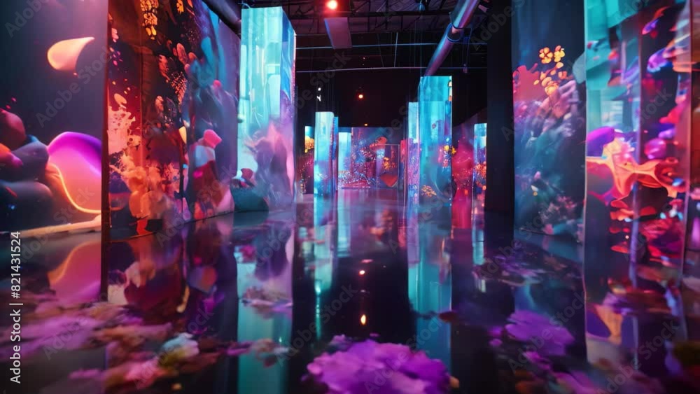 A room illuminated by various colorful lights creating a vibrant and dynamic atmosphere, A collaboration between artists and technology to create innovative business solutions