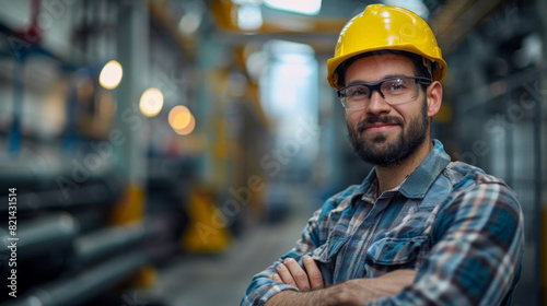 Portrait of a confident engineer wearing a yellow hard hat and safety glasses in a busy factory setting.
