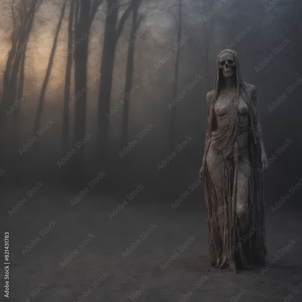 Skeletal Figure in Foggy Forest