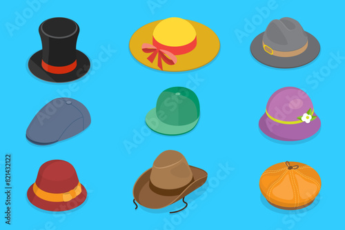3D Isometric Flat Vector Set of Hats, headgears, Clothing Accessory