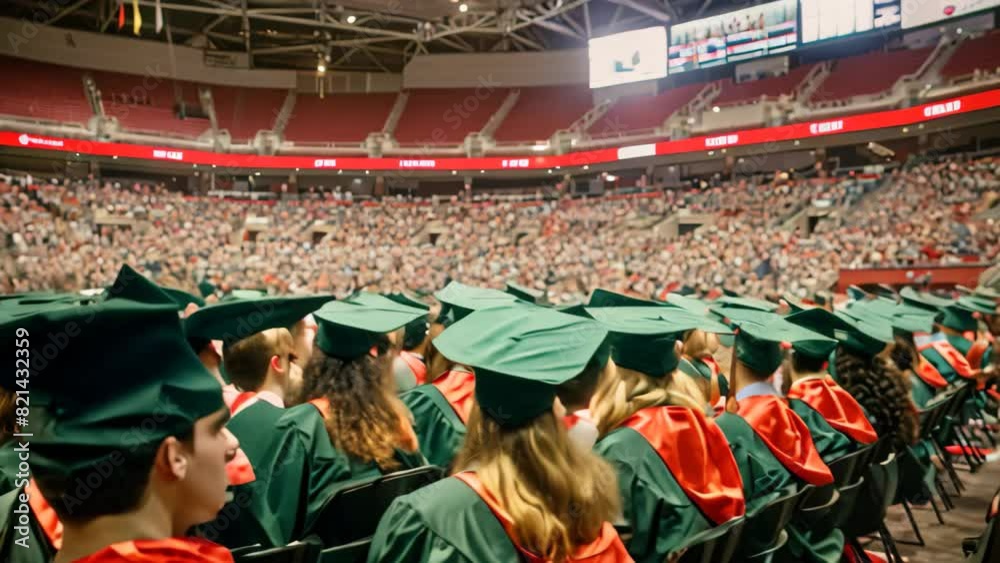 Graduates in traditional caps and gowns are gathered at a graduation ...