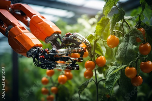 Robotic arms harvesting ripe tomatoes in a greenhouse showcasing the intersection of technology and agriculture for efficient crop production. photo
