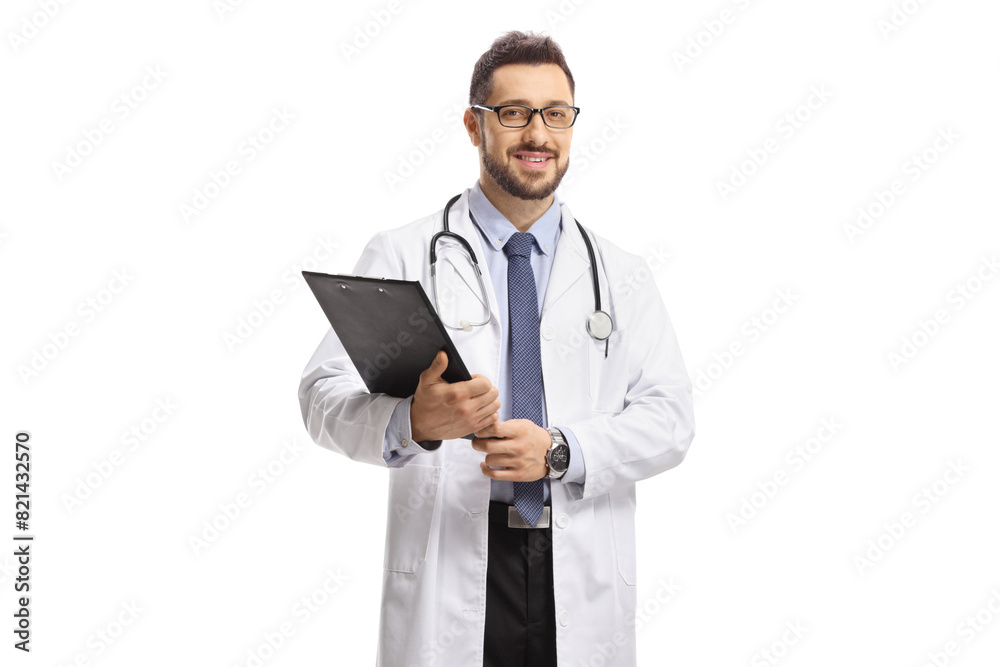 Male physician holding a document on a clipboard Male physician holding a document on a clipboard