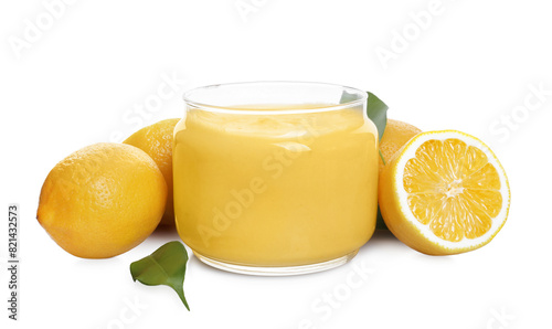 Delicious lemon curd in glass jar, fresh citrus fruits and green leaves isolated on white © New Africa
