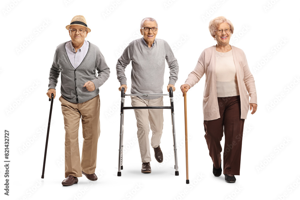 Group of elderly people with a walker and canes Group of elderly people with a walker and canes