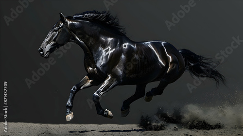 Galloping black horse on dark background