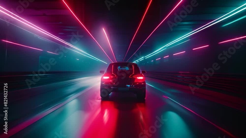 A compact car maneuvers through a tunnel illuminated by vibrant red and blue lights, A compact car weaving through traffic in a neon-lit urban tunnel photo