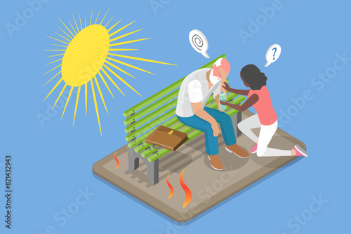 3D Isometric Flat Vector Illustration of Extreme Heat, Strong Sunlight, Hot Summer Day