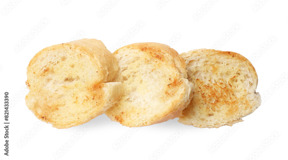 Pieces of toasted bread isolated on white, top view