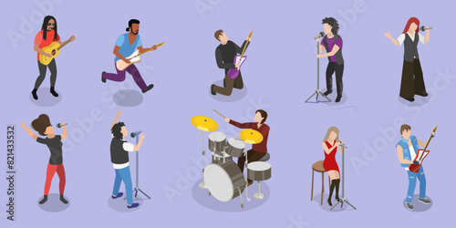 3D Isometric Flat Vector Illustration of Rock Musicians, Young Artists Playing Music Instruments
