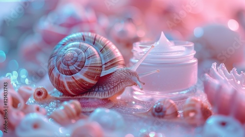 idea for a natural skincare product a sleek glass jar containing snail mucin cream, showcased against a soft pastel backdrop with a glistening finish