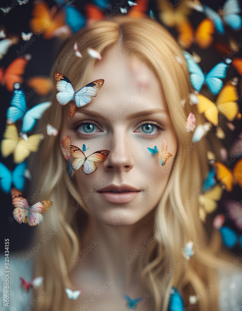 portrait of a beautiful young white freckled blonde woman with white skin in colorful butterflies portrait of a beautiful young white freckled blonde woman with white skin in colorful butterflies