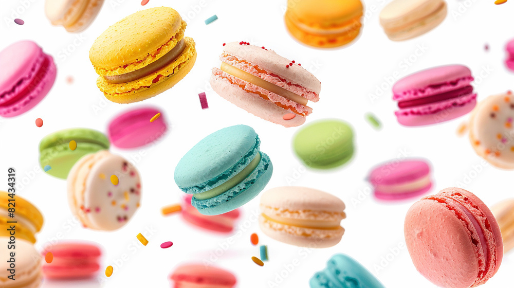 Tasty colorful macarons f;ying floating on light background, horizontal banner Tasty colorful macarons f;ying floating on light background, horizontal banner
