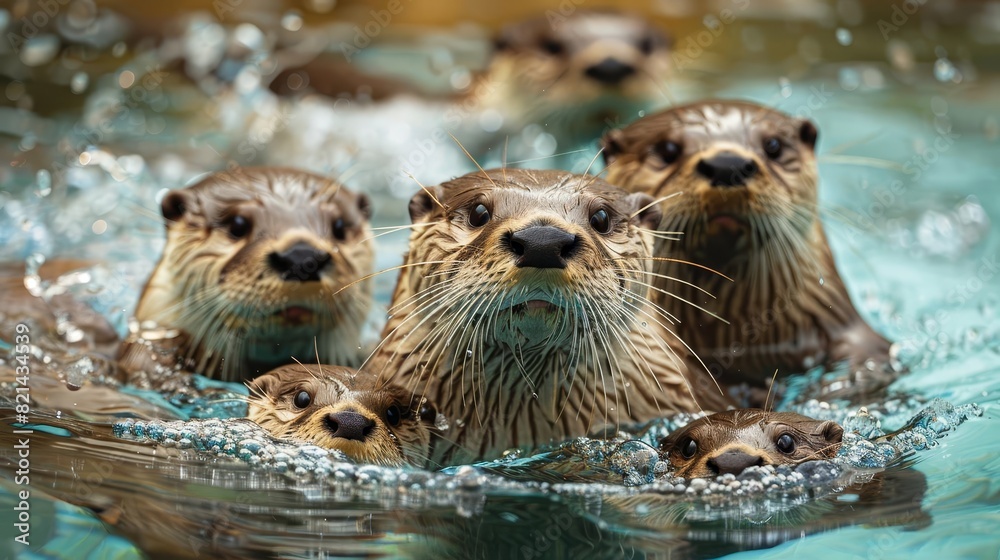 A family of otters swimming together in a clear, blue lake A family of otters swimming together in a clear, blue lake
