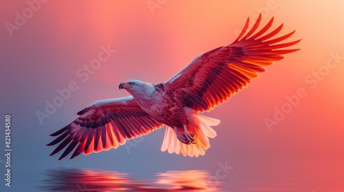 A large eagle flying over water with a colorful sunset in the background, AI