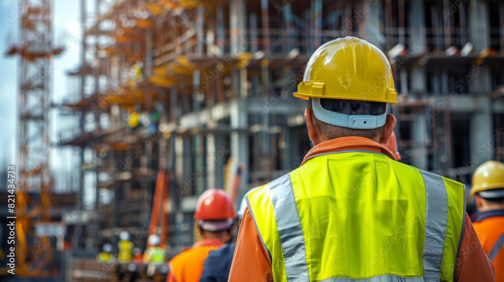 custom made wallpaper toronto digitalRear view of construction worker in safety gear supervising a large building project with scaffolding and cranes.