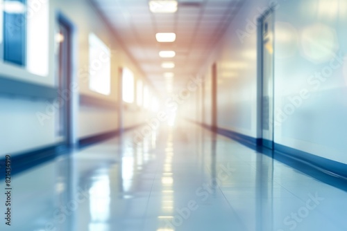 Blurred corridor of clinic. Blurry empty hospital hall. Medical emergency background with copyspace. Blur hallway interior of medicine building