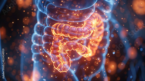 Visualize the absorption process of water-soluble vitamins, specifically B complex and vitamin C, in the small intestine through an X-ray illustration, highlighting the intricate mechanisms involved. photo