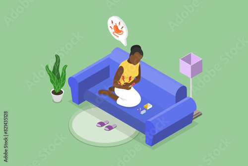 3D Isometric Flat Vector Illustration of Strong Abdominal Ache, Gut Constipation