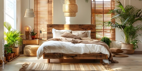 Creating an Eco-Friendly and Boho-Inspired Bedroom with Wooden Furniture, Plants, and Sustainable Decor. Concept Eco-Friendly Decor, Boho Style, Wooden Furniture, Indoor Plants photo