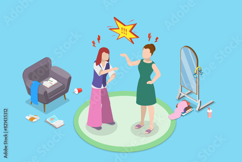 3D Isometric Flat Vector Illustration of Irritated Teenager, Family Problems