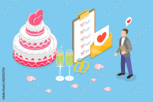 3D Isometric Flat Vector Illustration of Marriage Ceremony Organization, Event Planning