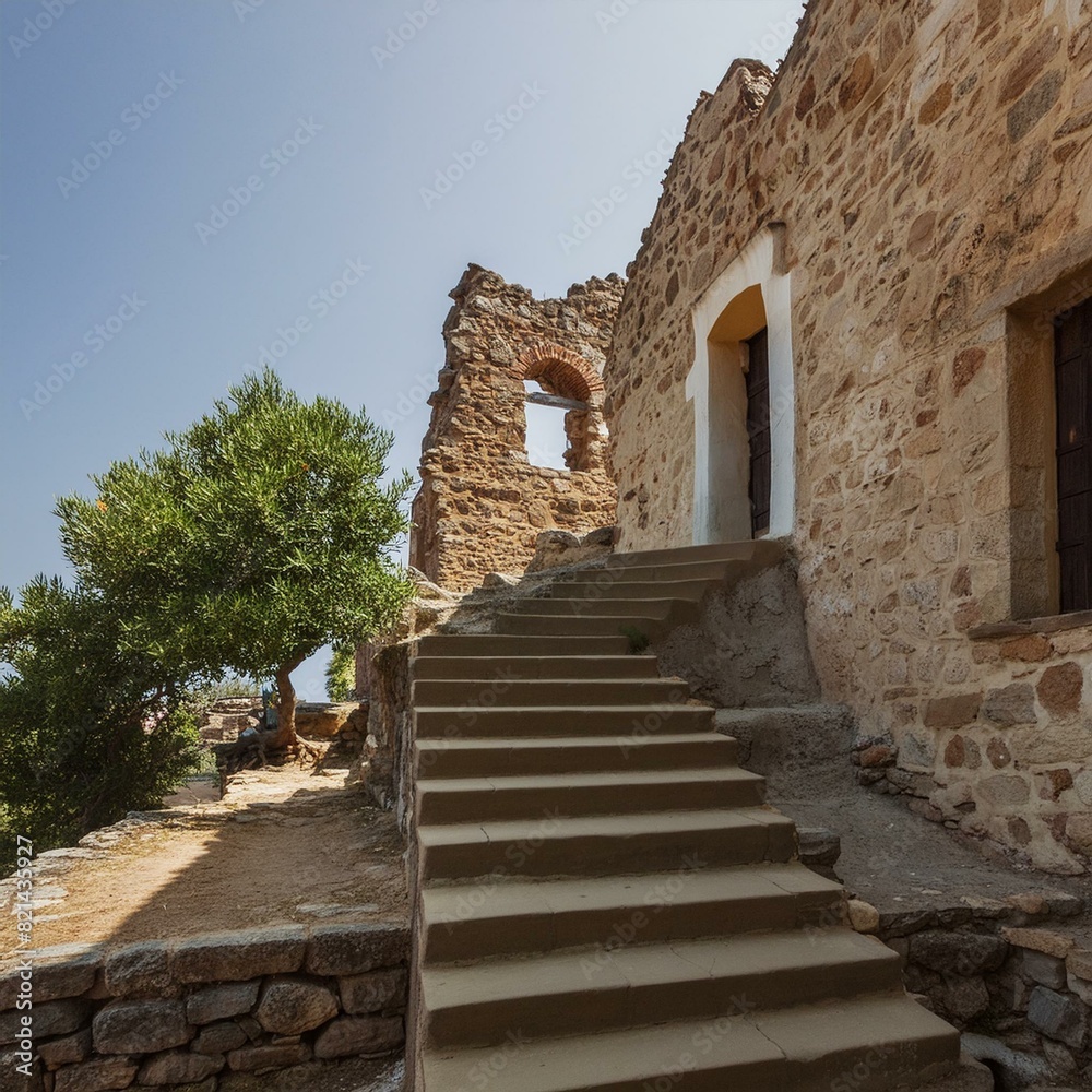 Fototapeta premium A ruined building with a stone staircase leading up to it
