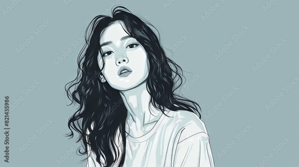 Beautiful girl. Wearing a T-shirt. Wavy long hair. Beautiful girl. Wearing a T-shirt. Wavy long hair.
