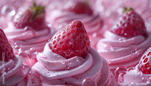 Wallpaper Mural Pink frosting swirls topped with strawberries and bubbles. Generated by AI Torontodigital.ca