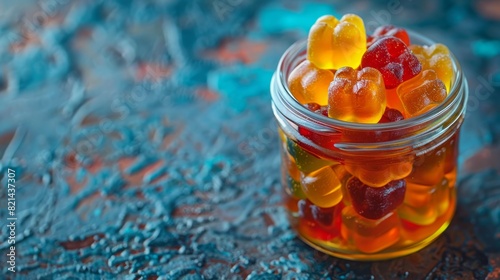 multicolored gummy vitamin d supplements in a glass jar, promoting childrens nutrition and health photo