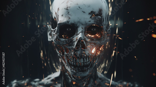 A corrupted AI SKULL face, with glitched textures and distorted proportions, creating a sense of digital horror. photo