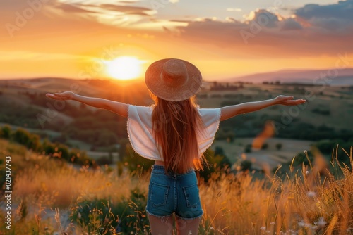 Happy woman standing with her back on sunset in nature iwith open hand photo