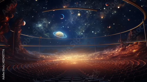 A cosmic theater where celestial dramas unfold under the starry sky, with planets as actors and galaxies as stage sets.