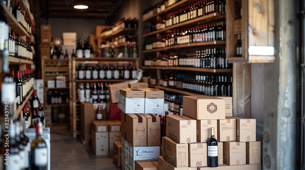 wine cellar deposit with cardboard boxes for delivery, alcohol shop, sommelier wine cellar deposit with cardboard boxes for delivery, alcohol shop, sommelier