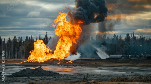 A controlled burn is used to dispose of excess gases produced during the oil sands extraction process. photo
