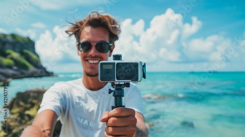 Positive young blogger vlogger traveler take a selfie photo on amazing ocean coast