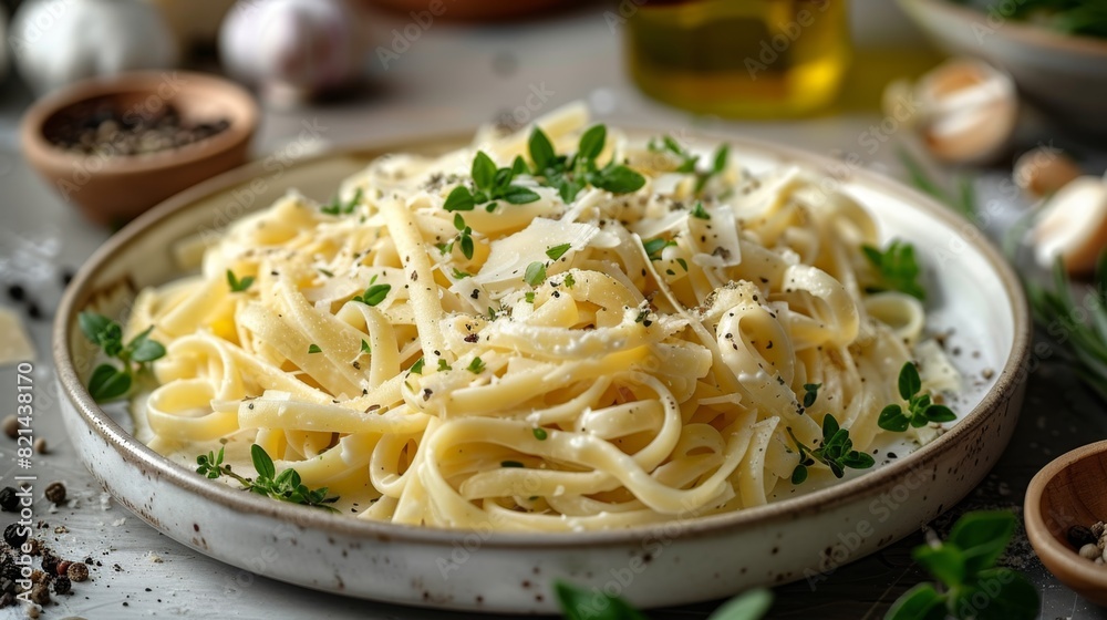 modern kitchen setting with a platter of creamy feta pasta and fresh herbs ideal for a cooking concept banner modern kitchen setting with a platter of creamy feta pasta and fresh herbs ideal for a cooking concept banner