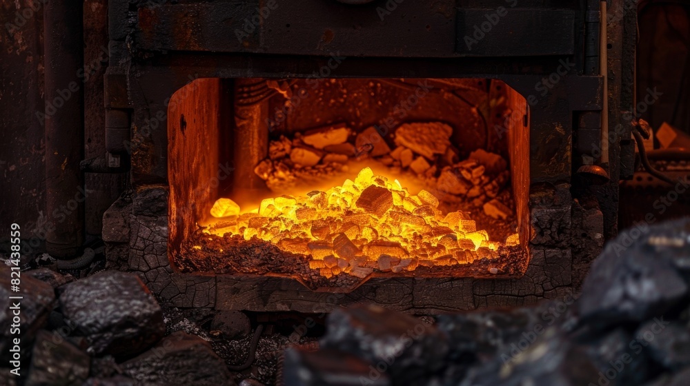 A furnace glowing brightly as it melts down a mix of different metals to create a new unique alloy. A furnace glowing brightly as it melts down a mix of different metals to create a new unique alloy.